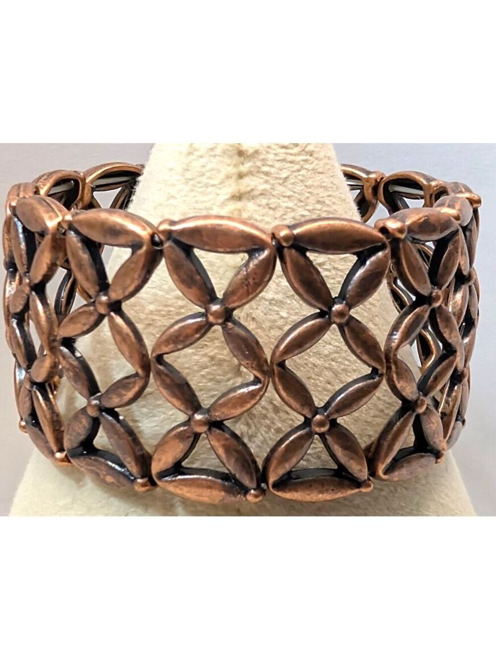 New Copper Tone Openwork Cuff Bracelet Adjustable Size Floral Pattern Stretch